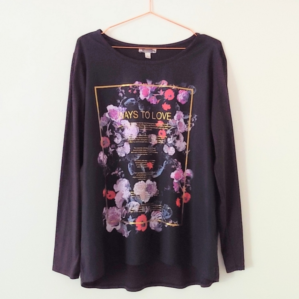 Dress Barn black long sleeve printed top size L